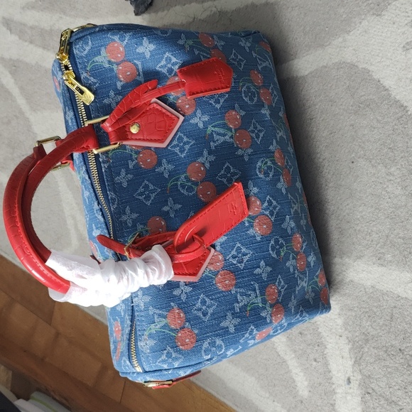 LV Denim Cherry Speedy 30 Like Satchel Monogram Croc Style Cherry Red - Picture 12 of 13